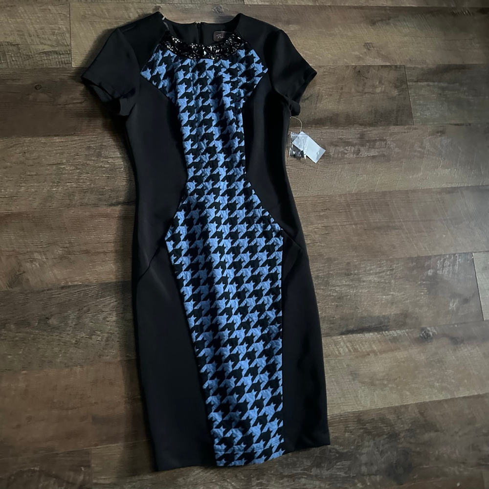 Women's Trulli Black & Blue Houndstooth Embellished Sheath Dress Size 4